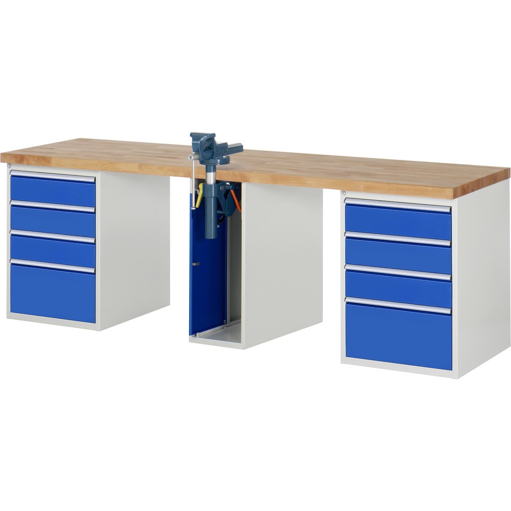 Imagen del producto: Banco de trabajo RAU serie 7000, 3 contenedores, HxAxF 890 x 2.500 x 700 mm, 8 cajones extraíbles al 90 %, 1 tornillo de banco en el centro