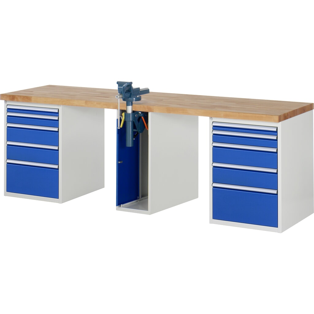 Banco de trabajo RAU serie 7000, 3 contenedores, HxAxF 890 x 2.500 x 700 mm, 10 cajones extraíbles al 90 %, tornillo de banco Imagen del producto: Banco de trabajo RAU serie 7000, 3 contenedores, HxAxF 890 x 2.500 x 700 mm, 10 cajones extraíbles al 90 %, tornillo de banco