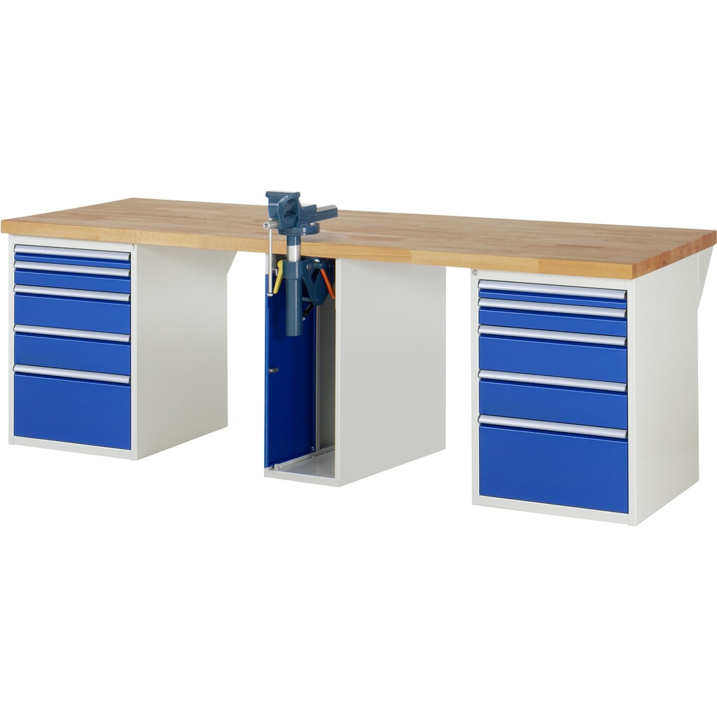 Imagen del producto: Banco de trabajo RAU serie 7000, 3 contenedores, HxAxF 890 x 2.500 x 900 mm, 10 cajones extraíbles al 90 %, tornillo de banco
