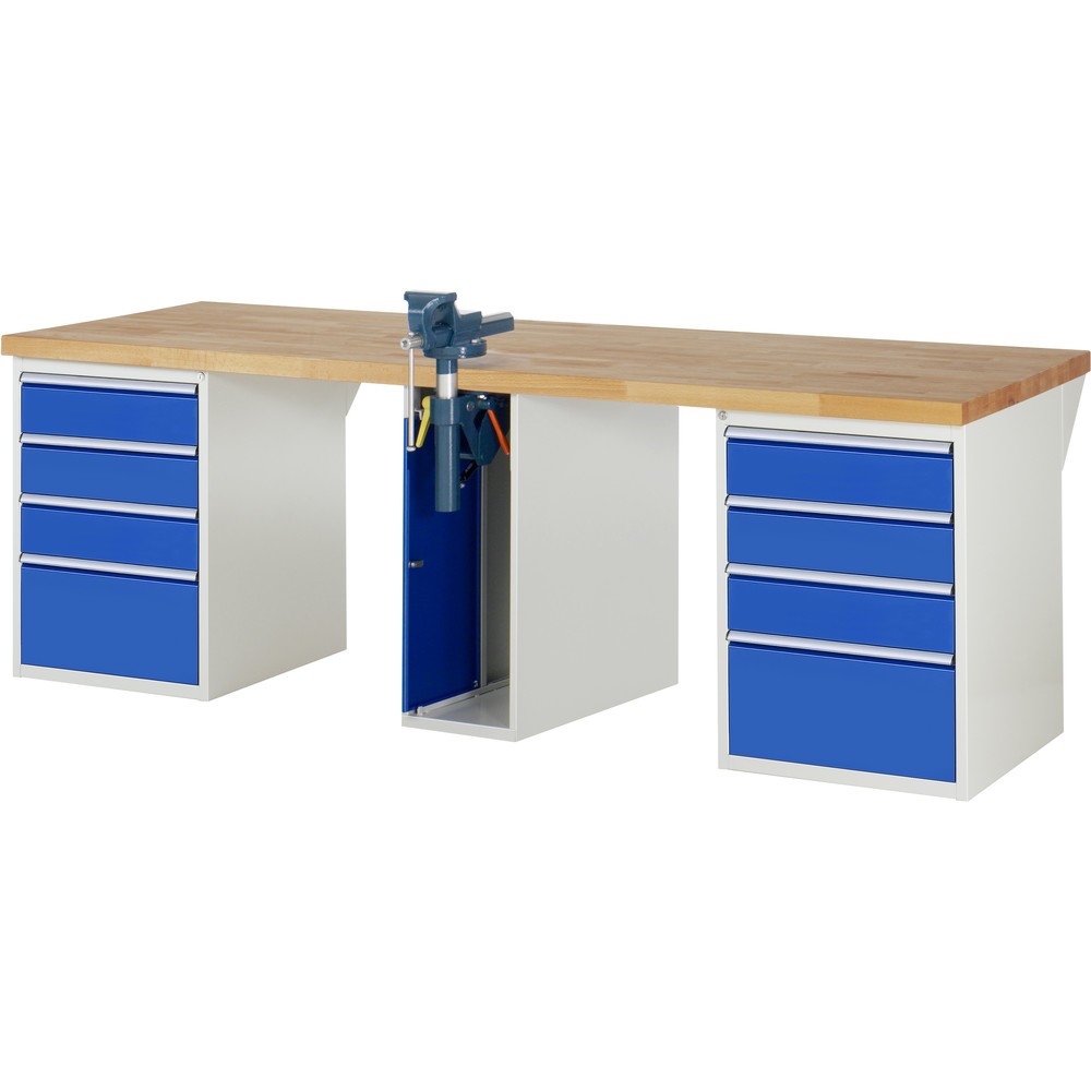 Imagen del producto: Banco de trabajo RAU serie 7000, 3 contenedores, HxAxF 890 x 2.500 x 900 mm, 8 cajones extraíbles al 90 %, 1 tornillo de banco en el centro