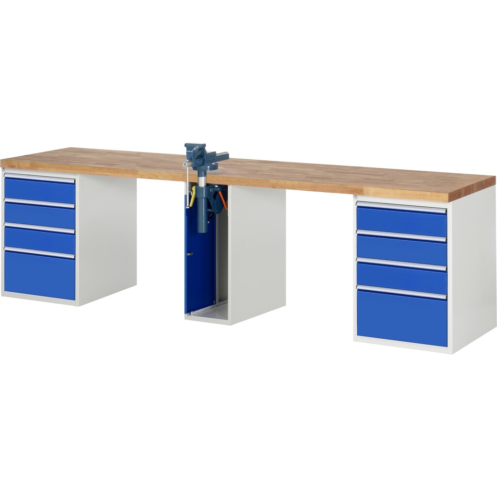 Banco de trabajo RAU serie 7000, 3 contenedores, HxAxF 890 x 3.000 x 700 mm, 10 cajones extraíbles al 90 %, tornillo de banco Imagen del producto: Banco de trabajo RAU serie 7000, 3 contenedores, HxAxF 890 x 3.000 x 700 mm, 10 cajones extraíbles al 90 %, tornillo de banco