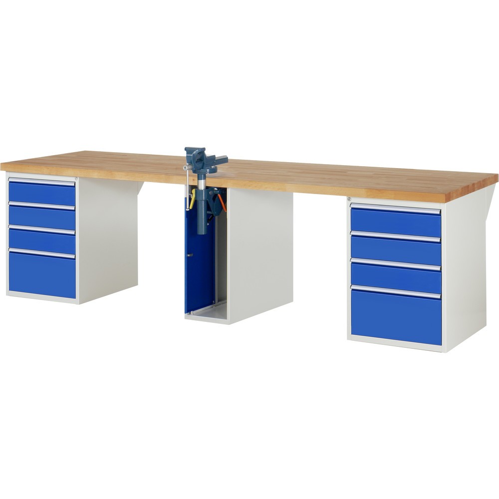 Imagen del producto: Banco de trabajo RAU serie 7000, 3 contenedores, HxAxF 890 x 3.000 x 900 mm, 8 cajones extraíbles al 90 %, 1 tornillo de banco en el centro