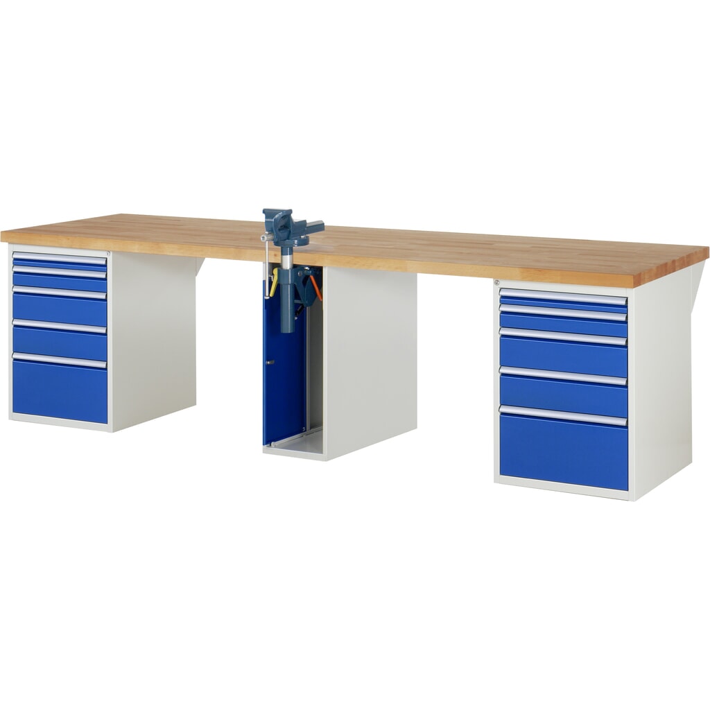 Banco de trabajo RAU serie 7000, 3 contenedores, HxAxF 890 x 3.000 x 900 mm, 10 cajones extraíbles al 90 %, tornillo de banco Imagen del producto: Banco de trabajo RAU serie 7000, 3 contenedores, HxAxF 890 x 3.000 x 900 mm, 10 cajones extraíbles al 90 %, tornillo de banco