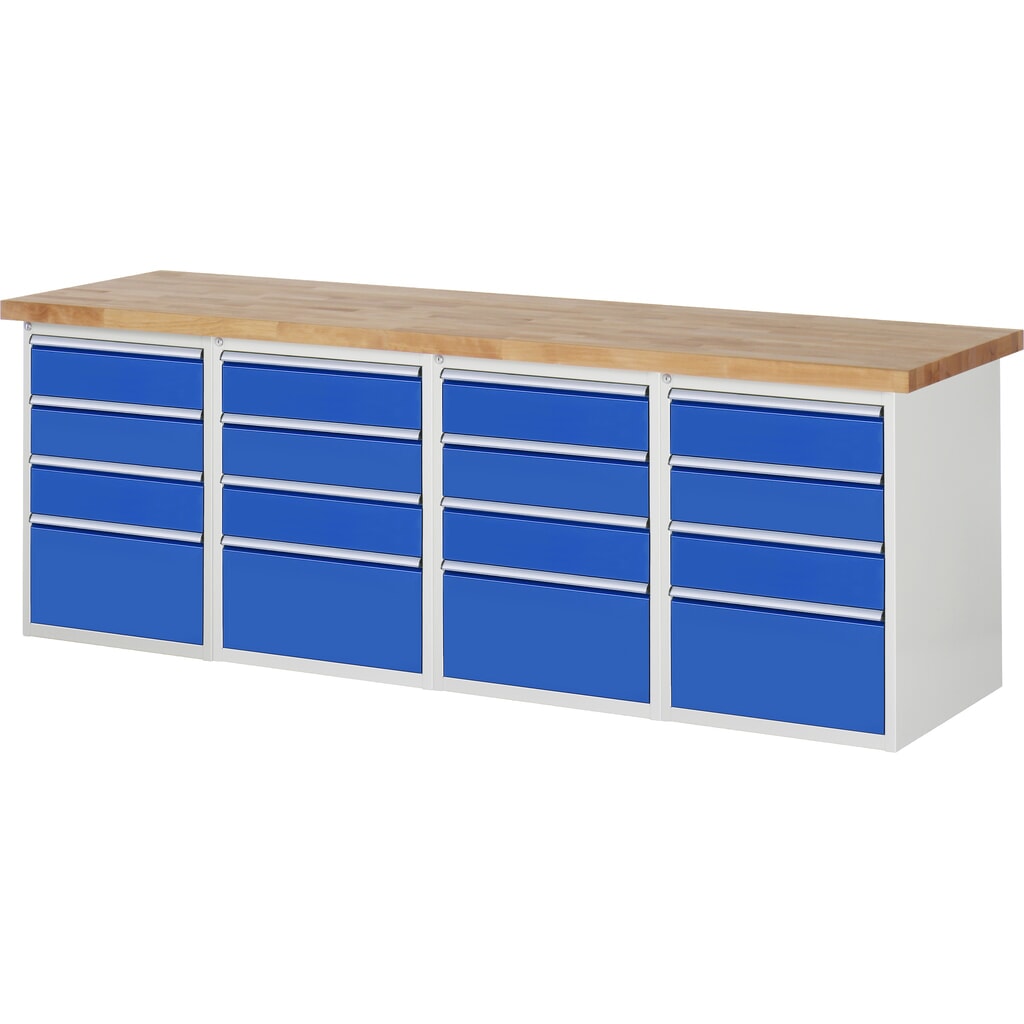 Banco de trabajo móvil RAU serie 7000, 4 contenedores, HxAxF 890 x 2.500 x 700 mm, 16 cajones extraíbles al 90 % Imagen del producto: Banco de trabajo móvil RAU serie 7000, 4 contenedores, HxAxF 890 x 2.500 x 700 mm, 16 cajones extraíbles al 90 %