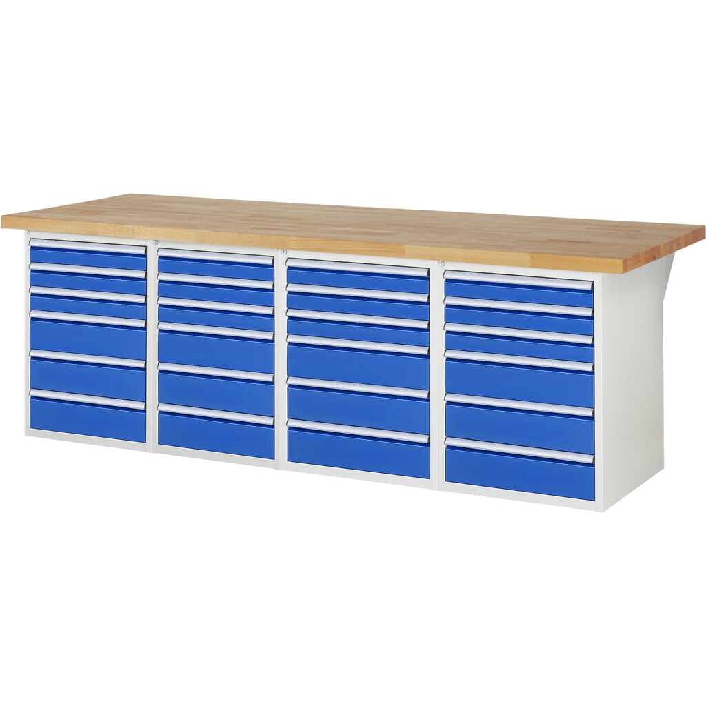 Banco de trabajo móvil RAU serie 7000, 4 contenedores, HxAxF 890 x 2.500 x 900 mm, 24 cajones extraíbles al 90 % Imagen del producto: Banco de trabajo móvil RAU serie 7000, 4 contenedores, HxAxF 890 x 2.500 x 900 mm, 24 cajones extraíbles al 90 %