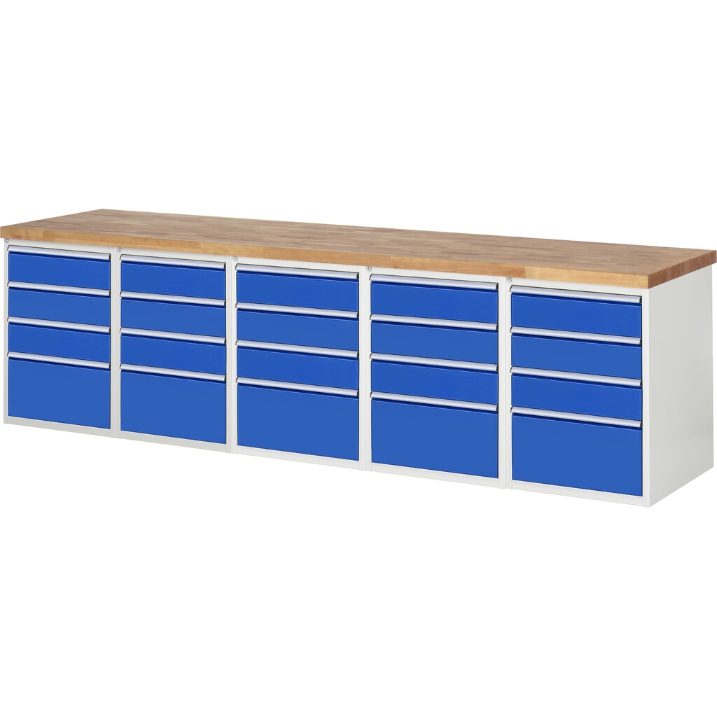Banco de trabajo móvil RAU serie 7000, 5 contenedores, HxAxF 890 x 3.000 x 700 mm, 20 cajones extraíbles al 90 % Imagen del producto: Banco de trabajo móvil RAU serie 7000, 5 contenedores, HxAxF 890 x 3.000 x 700 mm, 20 cajones extraíbles al 90 %