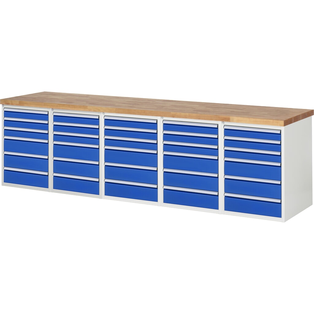 Banco de trabajo móvil RAU serie 7000, 5 contenedores, HxAxF 890 x 3.000 x 700 mm, 30 cajones extraíbles al 90 % Imagen del producto: Banco de trabajo móvil RAU serie 7000, 5 contenedores, HxAxF 890 x 3.000 x 700 mm, 30 cajones extraíbles al 90 %