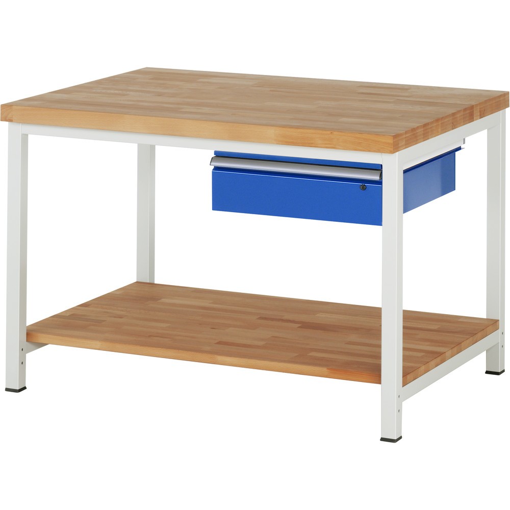 Imagen del producto: Banco de trabajo RAU, serie 8000, HxAxF 840-1.040 x 1.250 x 900 mm, 1 cajón, 1 estante inferior de haya maciza