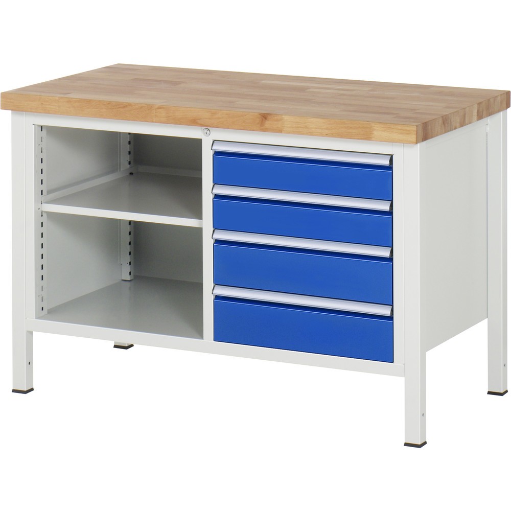 Imagen del producto: Banco de trabajo RAU serie 8000, 1 contenedor doble, 1 balda, HxAxF 840-1.040 x 1.250 x 700 mm, 4 cajones extraíbles al 90 %