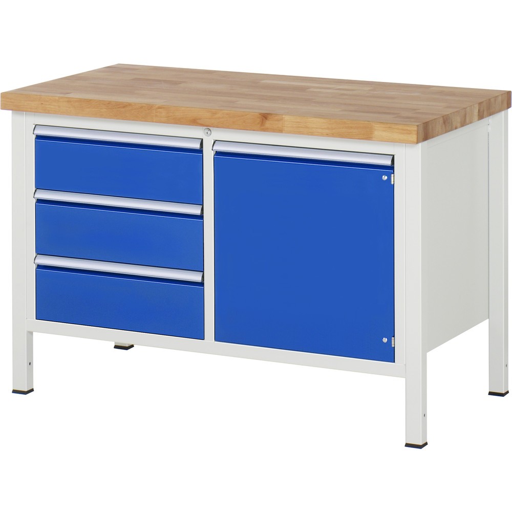 Imagen del producto: Banco de trabajo RAU serie 8000, 1 contenedor doble, 1 puerta batiente, HxAxF 840-1.040 x 1.250 x 700 mm, 3 cajones extraíbles al 90 %, ErgoScript®