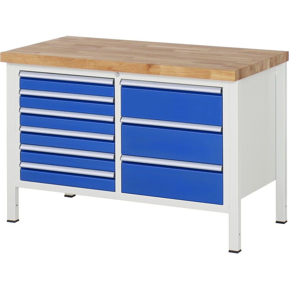 Imagen del producto: Banco de trabajo RAU serie 8000, 1 contenedor doble, HxAxF 840-1.040 x 1.250 x 700 mm, 9 cajones extraíbles al 90 %, 6 x 90, 3 x 180 mm, ancho 490 mm