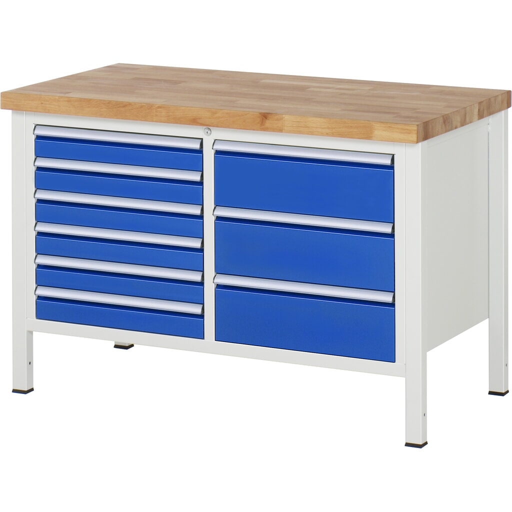 Banco de trabajo RAU serie 8000, 1 contenedor doble, HxAxF 840-1.040 x 1.250 x 700 mm, 9 cajones extraíbles al 90 %, 6 x 90, 3 x 180 mm, ancho 490 mm Imagen del producto: Banco de trabajo RAU serie 8000, 1 contenedor doble, HxAxF 840-1.040 x 1.250 x 700 mm, 9 cajones extraíbles al 90 %, 6 x 90, 3 x 180 mm, ancho 490 mm