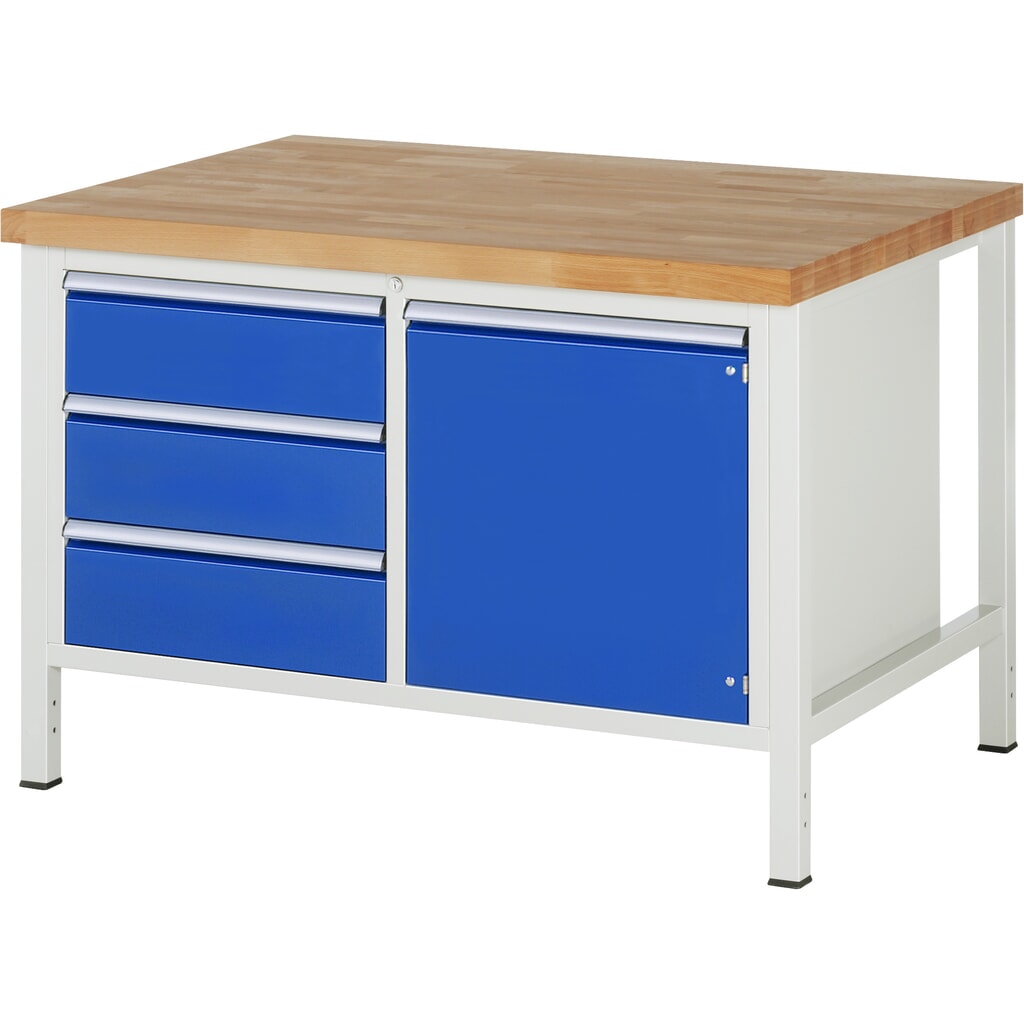 Banco de trabajo RAU serie 8000, 1 contenedor doble, 1 puerta batiente, HxAxF 840-1.040 x 1.250 x 900 mm, 3 cajones extraíbles al 90 %, ErgoScript® Imagen del producto: Banco de trabajo RAU serie 8000, 1 contenedor doble, 1 puerta batiente, HxAxF 840-1.040 x 1.250 x 900 mm, 3 cajones extraíbles al 90 %, ErgoScript®