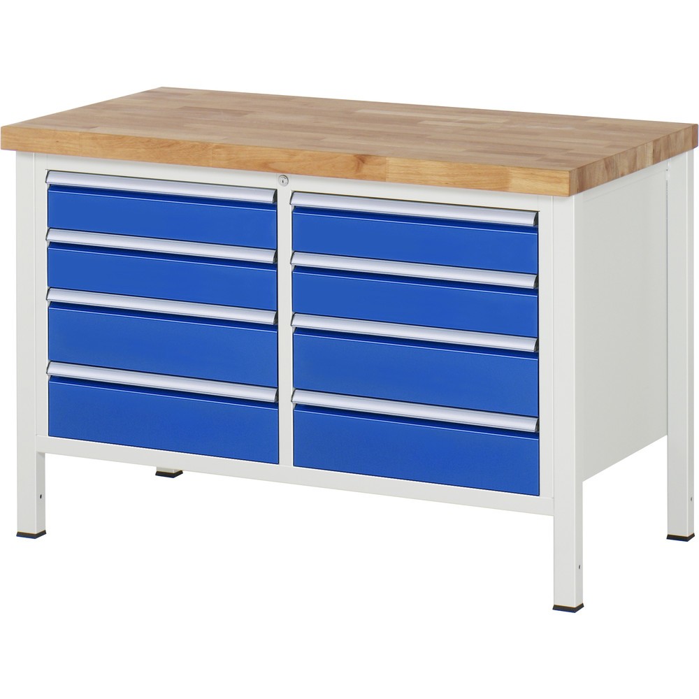Imagen del producto: Banco de trabajo RAU serie 8000, 1 contenedor doble, HxAxF 840-1.040 x 1.250 x 700 mm, 8 cajones extraíbles al 90 %, 4 x 120, 4 x 150 mm, ancho 490 mm