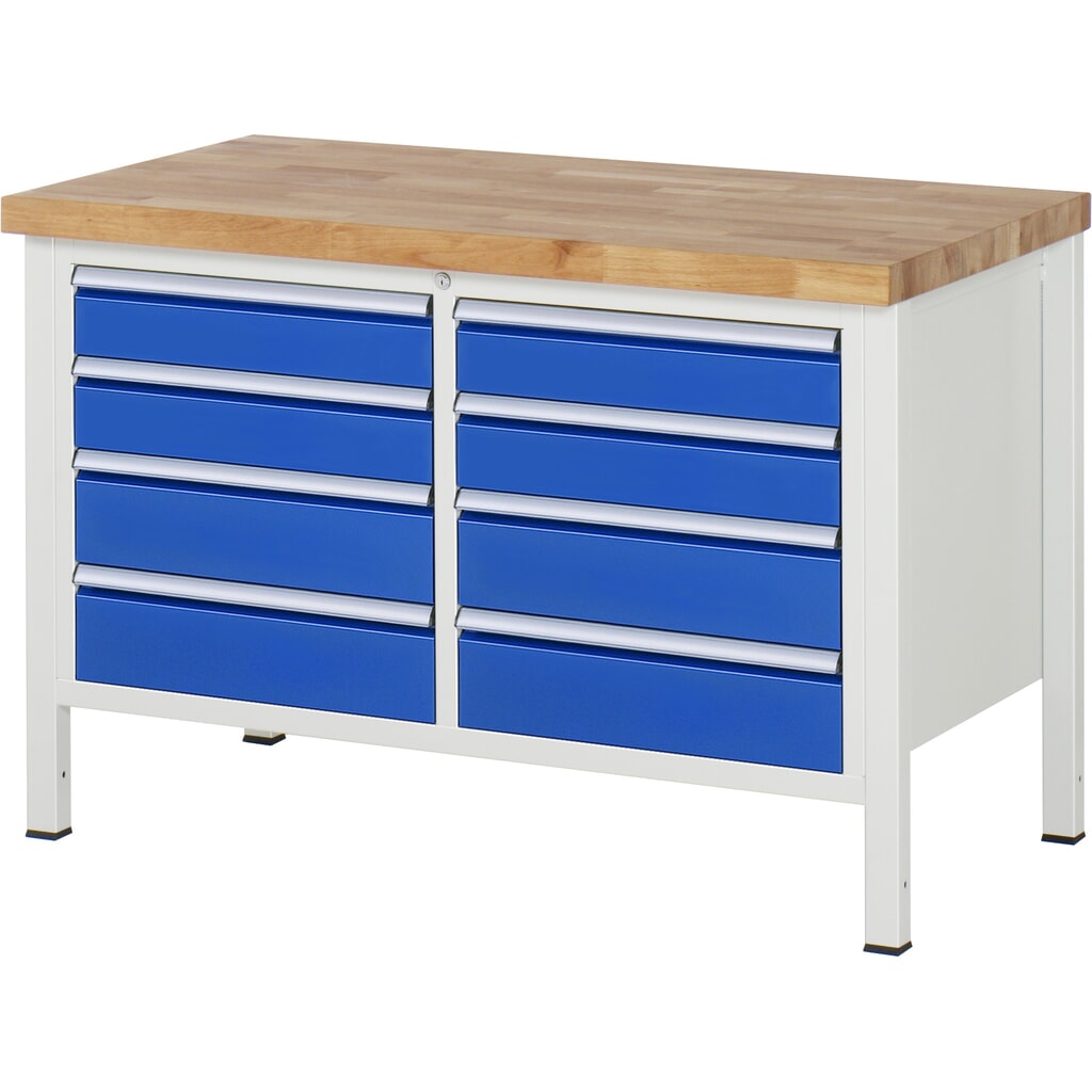 Imagen del producto: Banco de trabajo RAU serie 8000, 1 contenedor doble, HxAxF 840-1.040 x 1.250 x 700 mm, 8 cajones extraíbles al 90 %, 4 x 120, 4 x 150 mm, ancho 490 mm