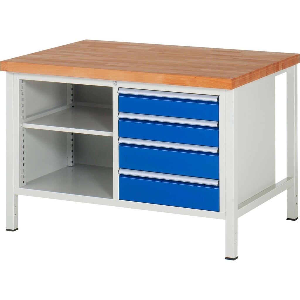 Imagen del producto: Banco de trabajo RAU serie 8000, 1 contenedor doble, 1 balda, HxAxF 840-1.040 x 1.250 x 900 mm, 4 cajones extraíbles al 90 %