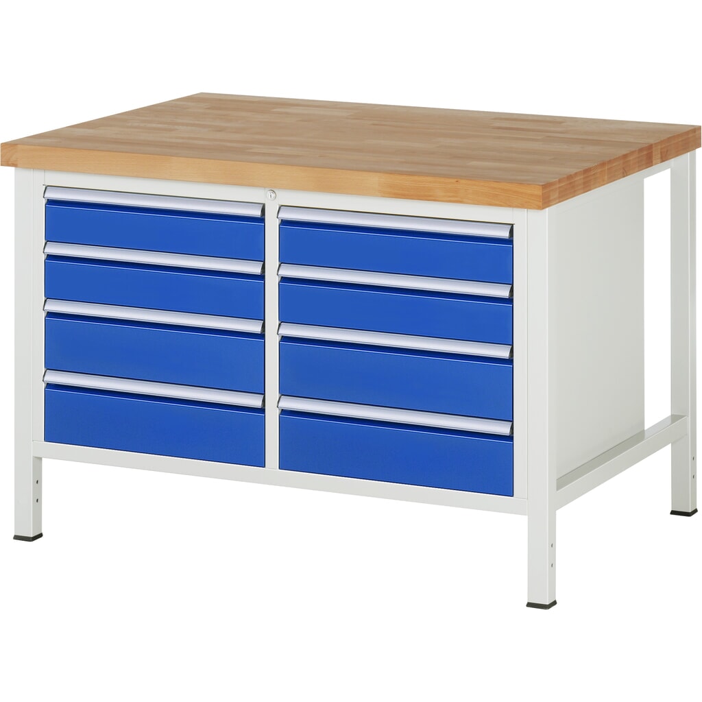 Imagen del producto: Banco de trabajo RAU serie 8000, 1 contenedor doble, HxAxF 840-1.040 x 1.250 x 900 mm, 8 cajones extraíbles al 90 %, 4 x 120, 4 x 150 mm, ancho 490 mm