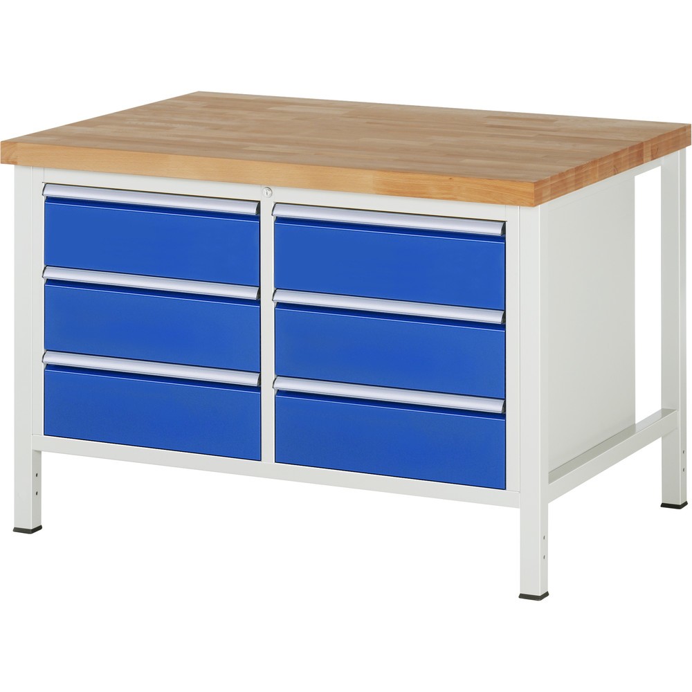 Imagen del producto: Banco de trabajo RAU serie 8000, 1 contenedor doble, HxAxF 840-1.040 x 1.250 x 900 mm, 6 cajones extraíbles al 90 %, 6 de 180 mm, ancho 490 mm