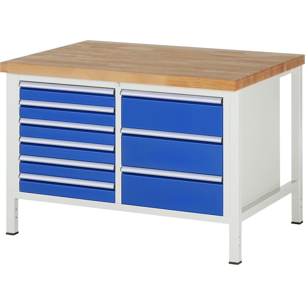 Banco de trabajo RAU serie 8000, 1 contenedor doble, HxAxF 840-1.040 x 1.250 x 900 mm, 9 cajones extraíbles al 90 %, 6 x 90, 3 x 180 mm, ancho 490 mm Imagen del producto: Banco de trabajo RAU serie 8000, 1 contenedor doble, HxAxF 840-1.040 x 1.250 x 900 mm, 9 cajones extraíbles al 90 %, 6 x 90, 3 x 180 mm, ancho 490 mm
