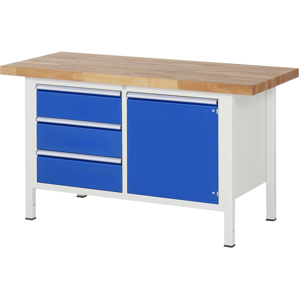 Imagen del producto: Banco de trabajo RAU serie 8000, 1 contenedor doble, 1 puerta batiente, HxAxF 840-1.040 x 1.500 x 700 mm, 3 cajones extraíbles al 90 %, ErgoScript®