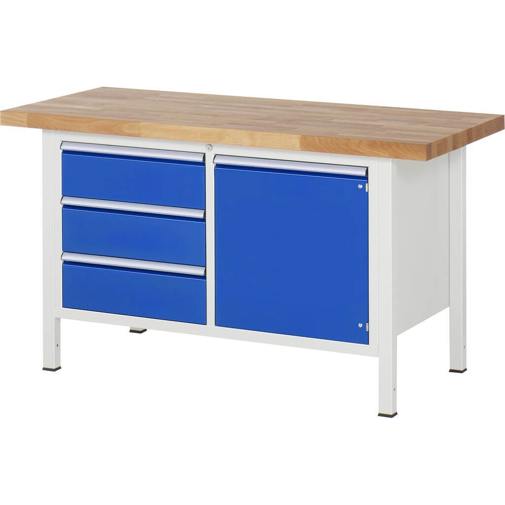 Imagen del producto: Banco de trabajo RAU serie 8000, 1 contenedor doble, 1 puerta batiente, HxAxF 840-1.040 x 1.500 x 700 mm, 3 cajones extraíbles al 90 %, ErgoScript®