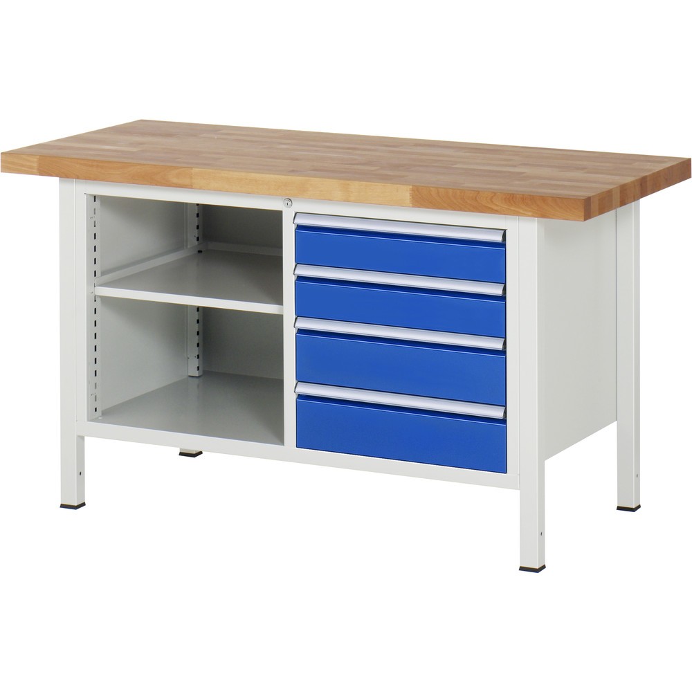 Imagen del producto: Banco de trabajo RAU serie 8000, 1 contenedor doble, 1 balda, HxAxF 840-1.040 x 1.500 x 700 mm, 4 cajones extraíbles al 90 %