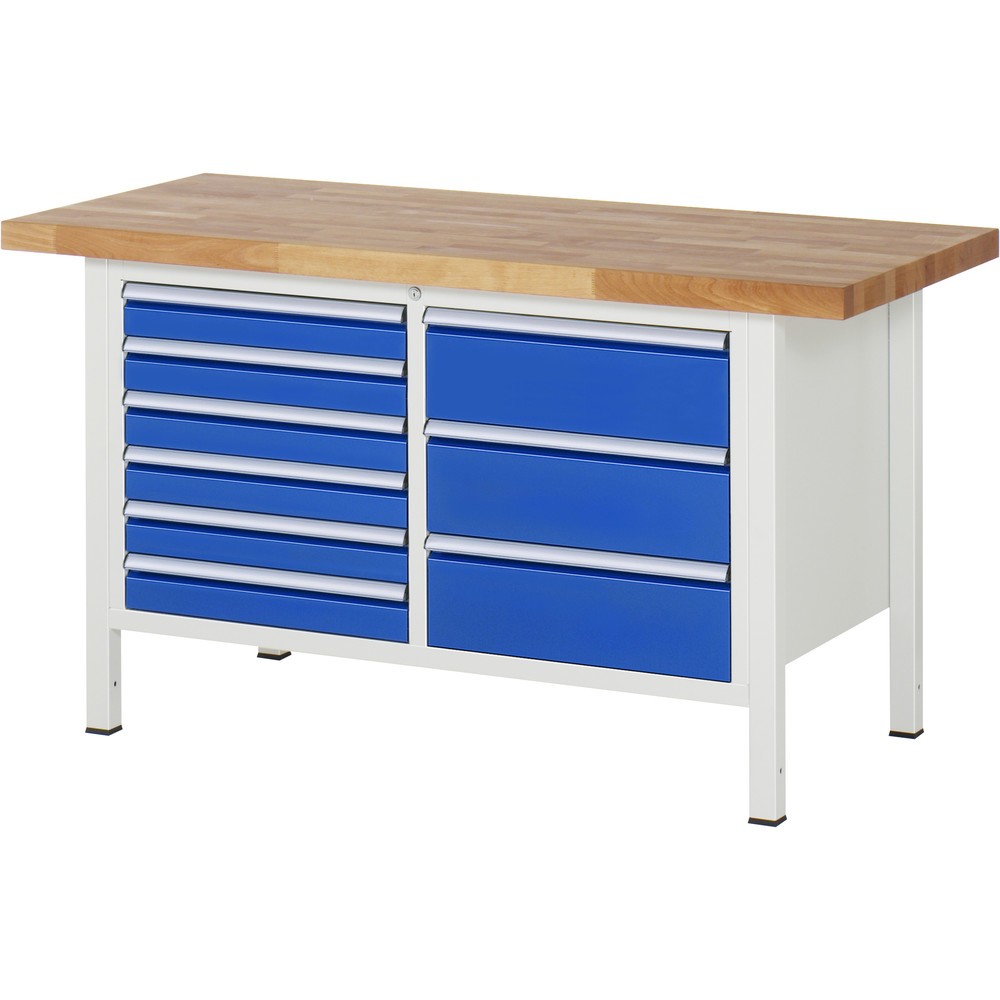 Imagen del producto: Banco de trabajo RAU serie 8000, 1 contenedor doble, HxAxF 840-1.040 x 1.500 x 700 mm, 9 cajones extraíbles al 90 %, 6 x 90, 3 x 180 mm, ancho 490 mm
