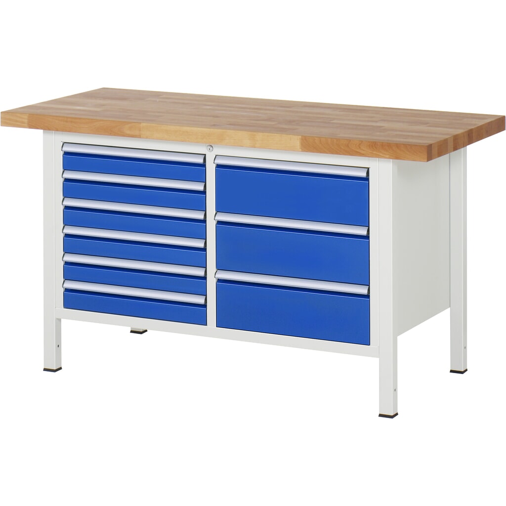 Banco de trabajo RAU serie 8000, 1 contenedor doble, HxAxF 840-1.040 x 1.500 x 700 mm, 9 cajones extraíbles al 90 %, 6 x 90, 3 x 180 mm, ancho 490 mm Imagen del producto: Banco de trabajo RAU serie 8000, 1 contenedor doble, HxAxF 840-1.040 x 1.500 x 700 mm, 9 cajones extraíbles al 90 %, 6 x 90, 3 x 180 mm, ancho 490 mm