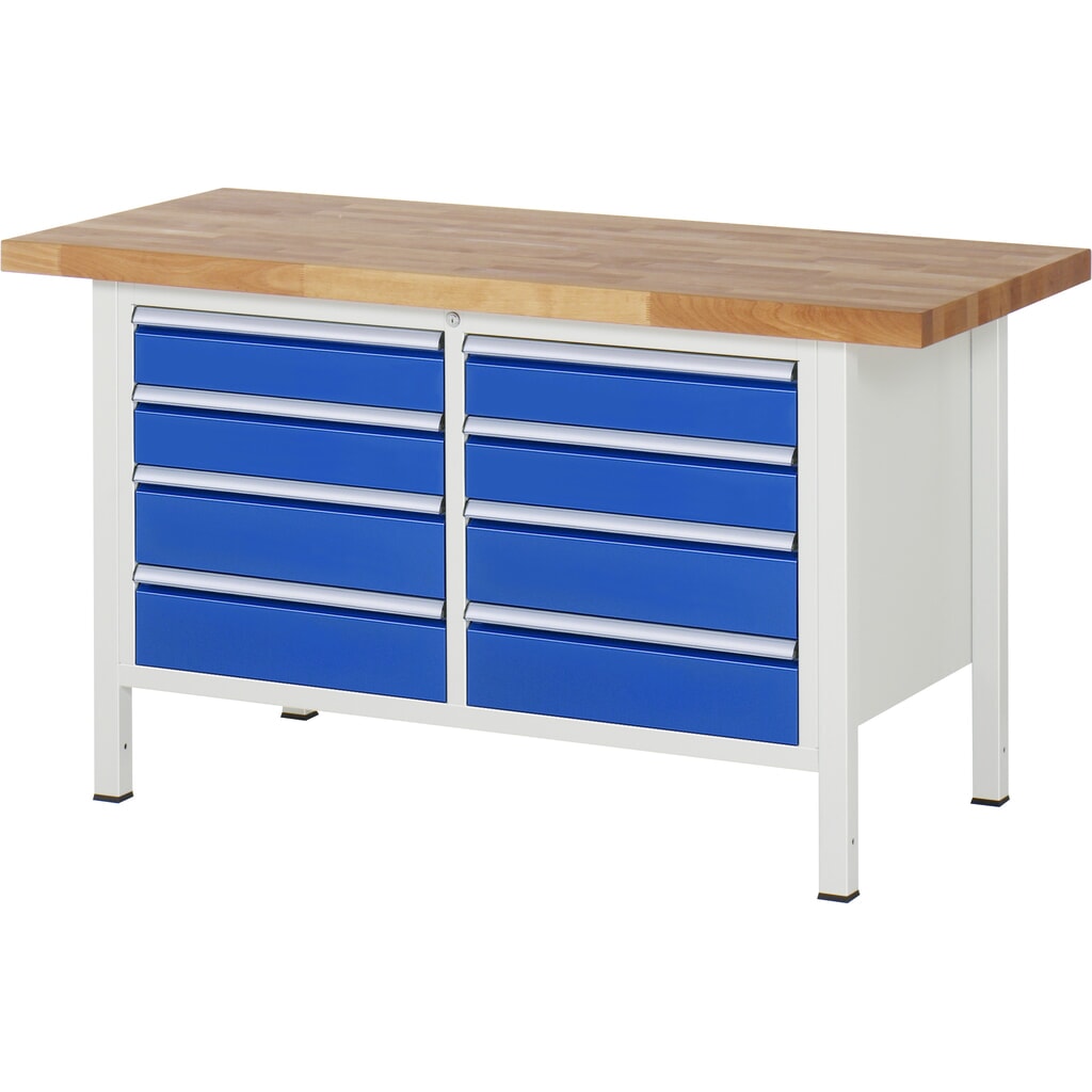 Imagen del producto: Banco de trabajo RAU serie 8000, 1 contenedor doble, HxAxF 840-1.040 x 1.500 x 700 mm, 8 cajones extraíbles al 90 %, 4 x 120, 4 x 150 mm, ancho 490 mm