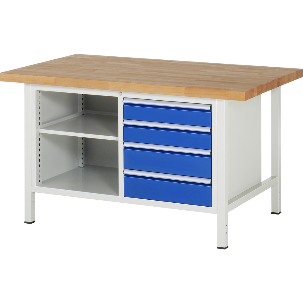Imagen del producto: Banco de trabajo RAU serie 8000, 1 contenedor doble, 1 balda, HxAxF 840-1.040 x 1.500 x 900 mm, 4 cajones extraíbles al 90 %