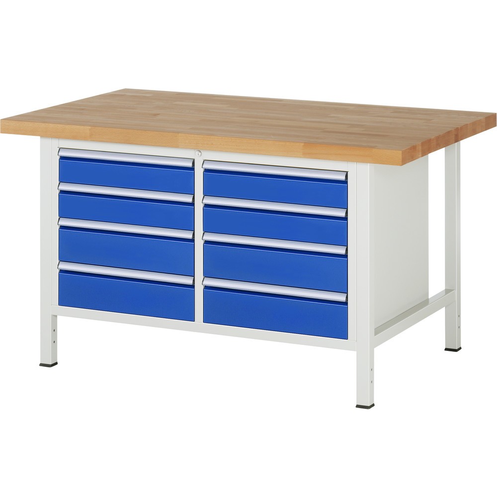 Imagen del producto: Banco de trabajo RAU serie 8000, 1 contenedor doble, HxAxF 840-1.040 x 1.500 x 900 mm, 8 cajones extraíbles al 90 %, 4 x 120, 4 x 150 mm, ancho 490 mm