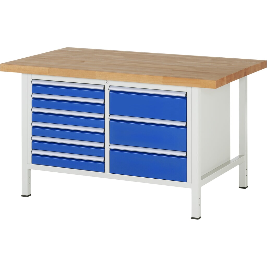 Imagen del producto: Banco de trabajo RAU serie 8000, 1 contenedor doble, HxAxF 840-1.040 x 1.500 x 900 mm, 9 cajones extraíbles al 90 %, 6 x 90, 3 x 180 mm, ancho 490 mm