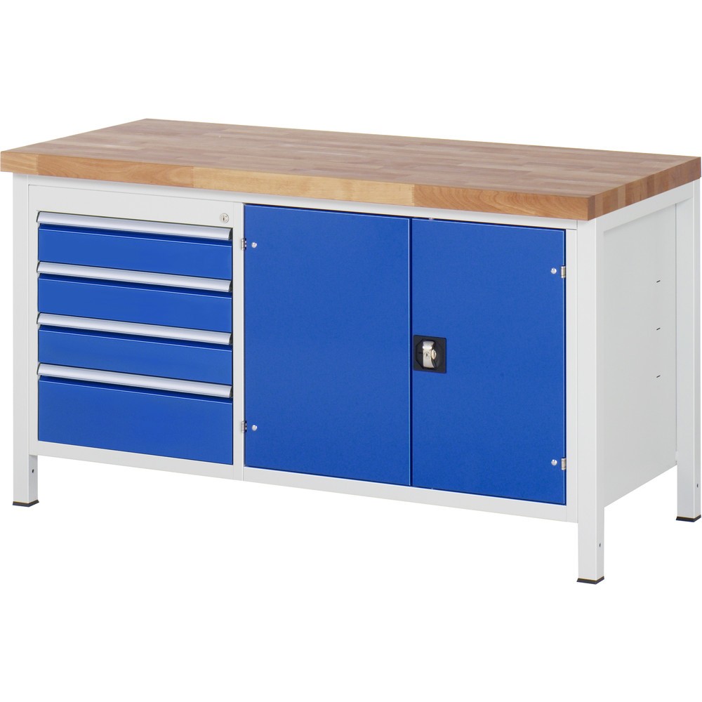 Imagen del producto: Banco de trabajo RAU, serie 8000, H x A x F 840-1.040 x 1.500 x 700 mm, 1 contenedor doble debajo, con 4 cajones y 1 armario de herramientas