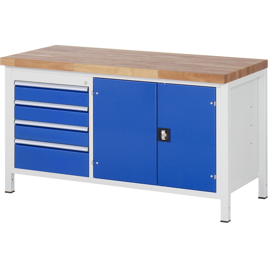 Banco de trabajo RAU, serie 8000, H x A x F 840-1.040 x 1.500 x 700 mm, 1 contenedor doble debajo, con 4 cajones y 1 armario de herramientas Imagen del producto: Banco de trabajo RAU, serie 8000, H x A x F 840-1.040 x 1.500 x 700 mm, 1 contenedor doble debajo, con 4 cajones y 1 armario de herramientas