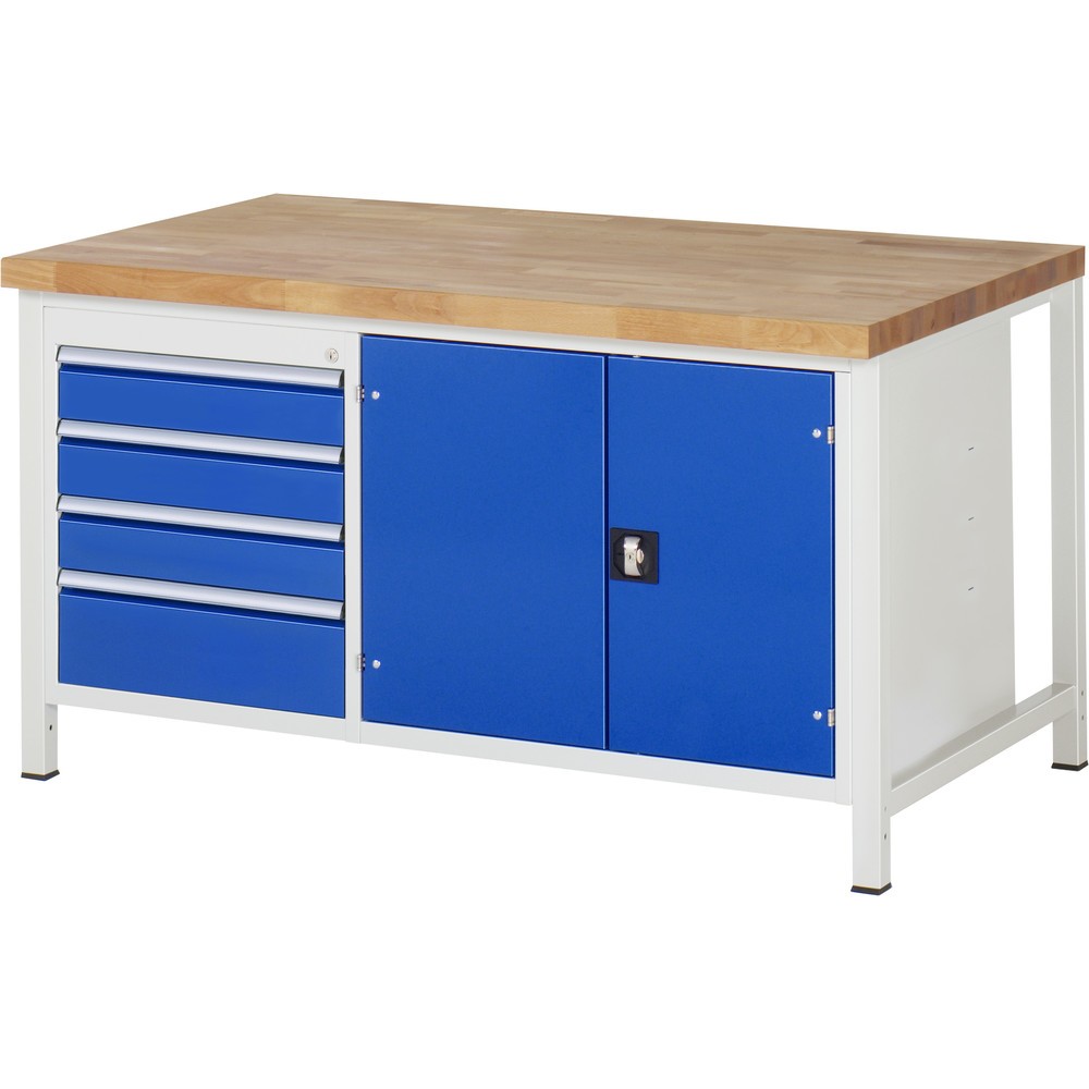 Imagen del producto: Banco de trabajo RAU, serie 8000, H x A x F 840-1.040 x 1.500 x 900 mm, 1 contenedor doble debajo, con 4 cajones y 1 armario de herramientas