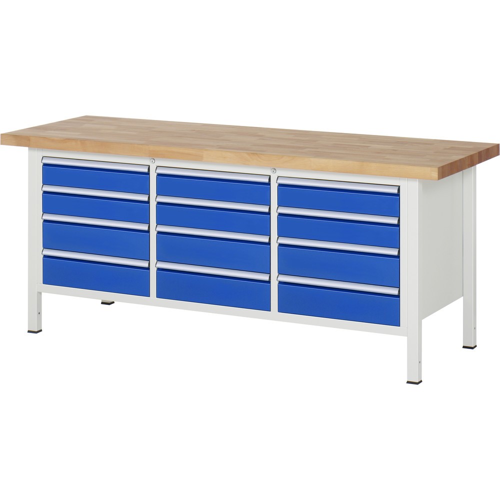 Imagen del producto: Banco de trabajo RAU serie 8000, 1 contenedor triple, HxAxF 840-1.040 x 2.000 x 700 mm, 12 cajones extraíbles al 90 %, 6 x 120, 6 x 150 mm