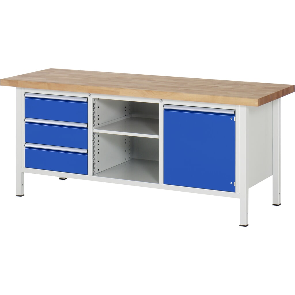 Banco de trabajo RAU serie 8000, 1 contenedor triple, con 1 balda, 1 puerta batiente, HxAxF 840-1.040 x 2.000 x 700 mm, 3 cajones extraíbles al 90%, ErgoScript® Imagen del producto: Banco de trabajo RAU serie 8000, 1 contenedor triple, con 1 balda, 1 puerta batiente, HxAxF 840-1.040 x 2.000 x 700 mm, 3 cajones extraíbles al 90%, ErgoScript®