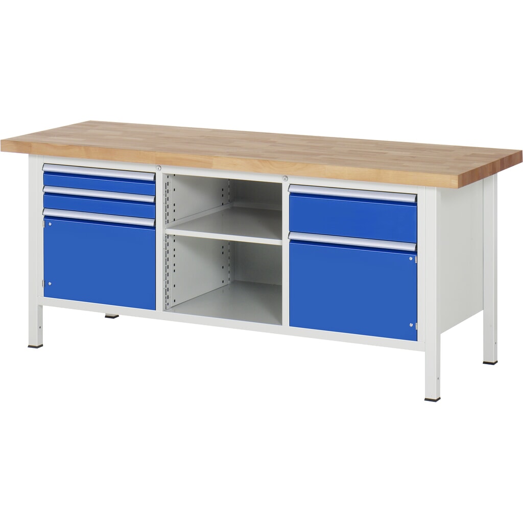 Banco de trabajo RAU serie 8000, 1 contenedor triple, con 1 balda, 2 puertas batientes, HxAxF 840-1.040 x 2.000 x 700 mm, 3 cajones extraíbles al 90% Imagen del producto: Banco de trabajo RAU serie 8000, 1 contenedor triple, con 1 balda, 2 puertas batientes, HxAxF 840-1.040 x 2.000 x 700 mm, 3 cajones extraíbles al 90%