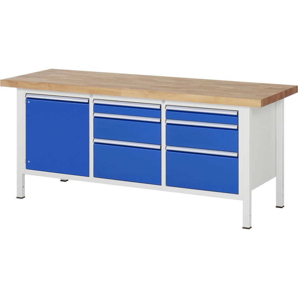 Imagen del producto: Banco de trabajo RAU serie 8000, 1 contenedor triple, 1 puerta batiente, HxAxF 840-1.040 x 2.000 x 700 mm, 6 cajones extraíbles al 90 %, 2 x 90, 2 x 180, 2 x 270 mm