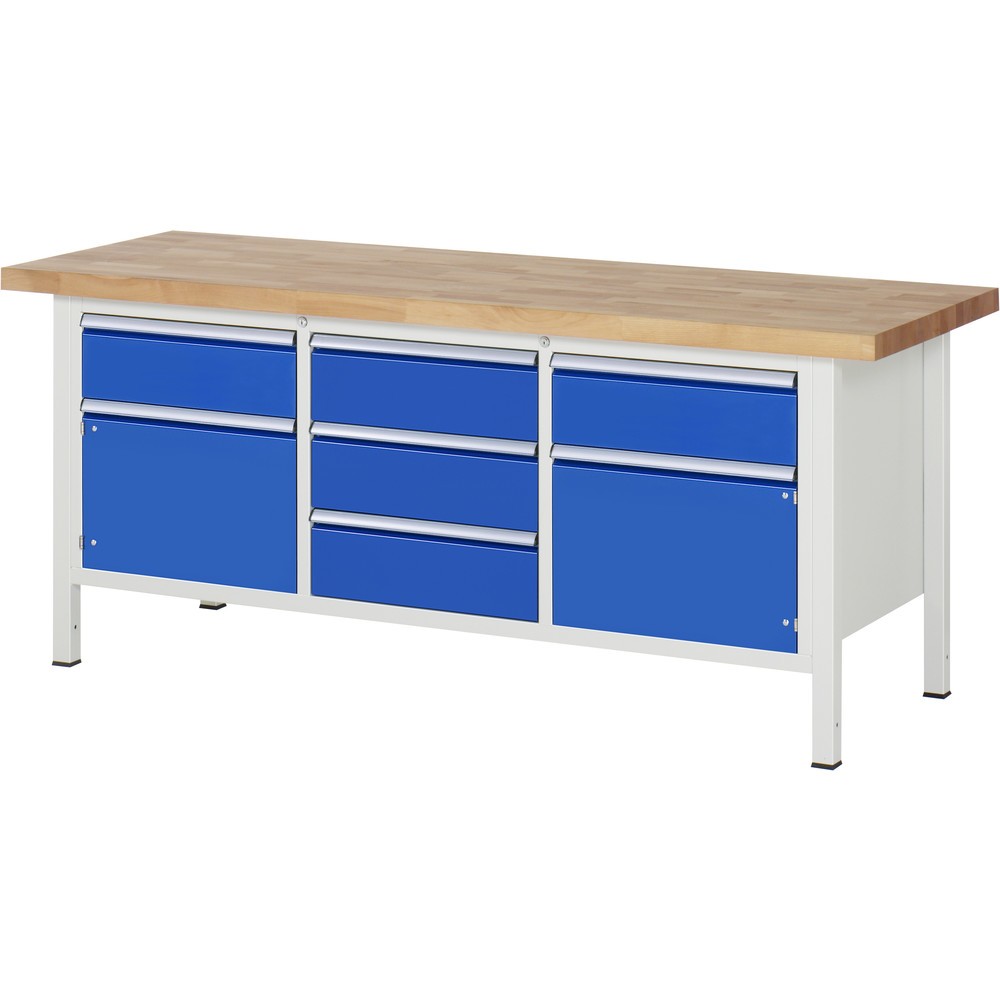 Imagen del producto: Banco de trabajo RAU serie 8000, 1 contenedor triple, con 2 puertas batientes, HxAxF 840-1.040 x 2.000 x 700 mm, 5 cajones extraíbles al 90%, ErgoScript®