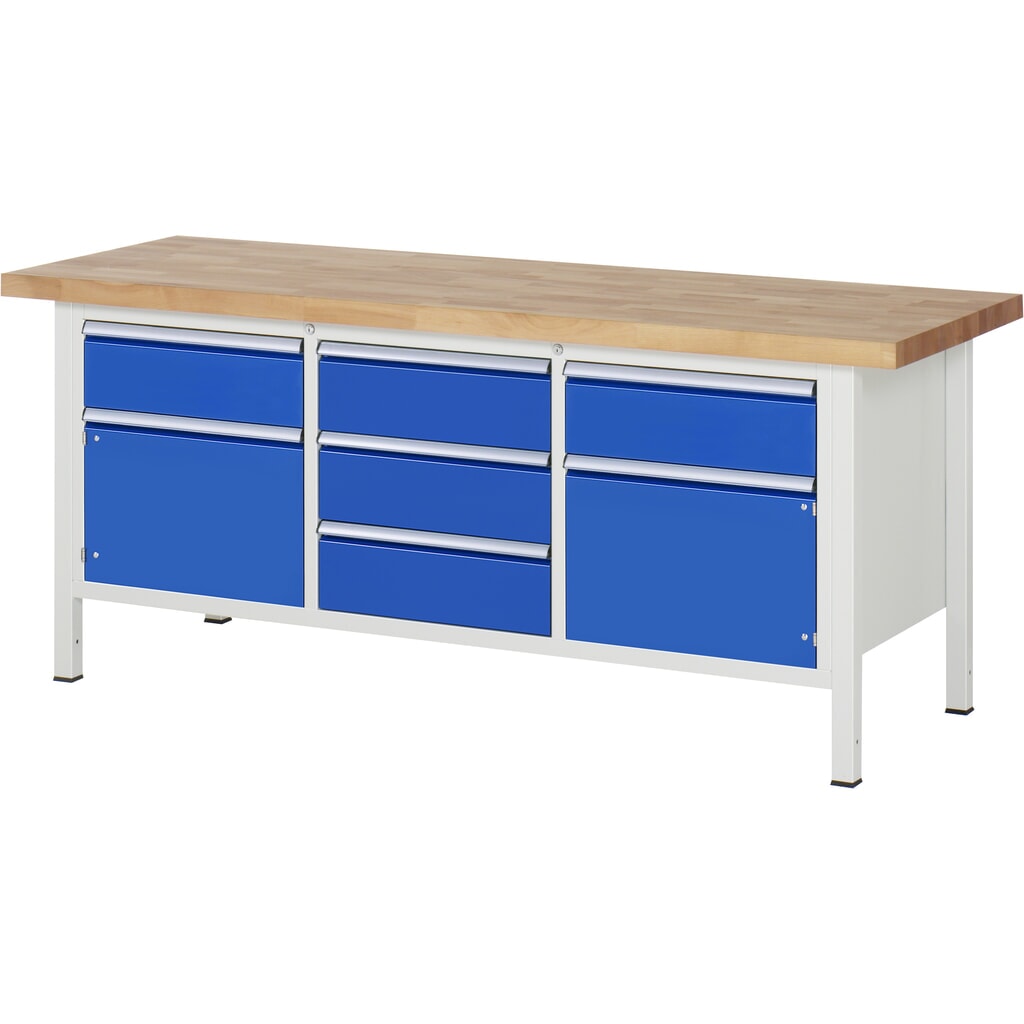Imagen del producto: Banco de trabajo RAU serie 8000, 1 contenedor triple, con 2 puertas batientes, HxAxF 840-1.040 x 2.000 x 700 mm, 5 cajones extraíbles al 90%, ErgoScript®