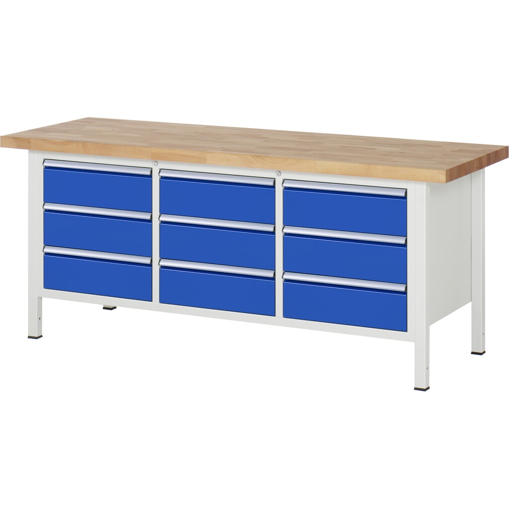 Imagen del producto: Banco de trabajo RAU serie 8000, 1 contenedor triple, HxAxF 840-1.040 x 2.000 x 700 mm, 9 cajones extraíbles al 90%: 9 x 180 mm, ancho 490 mm