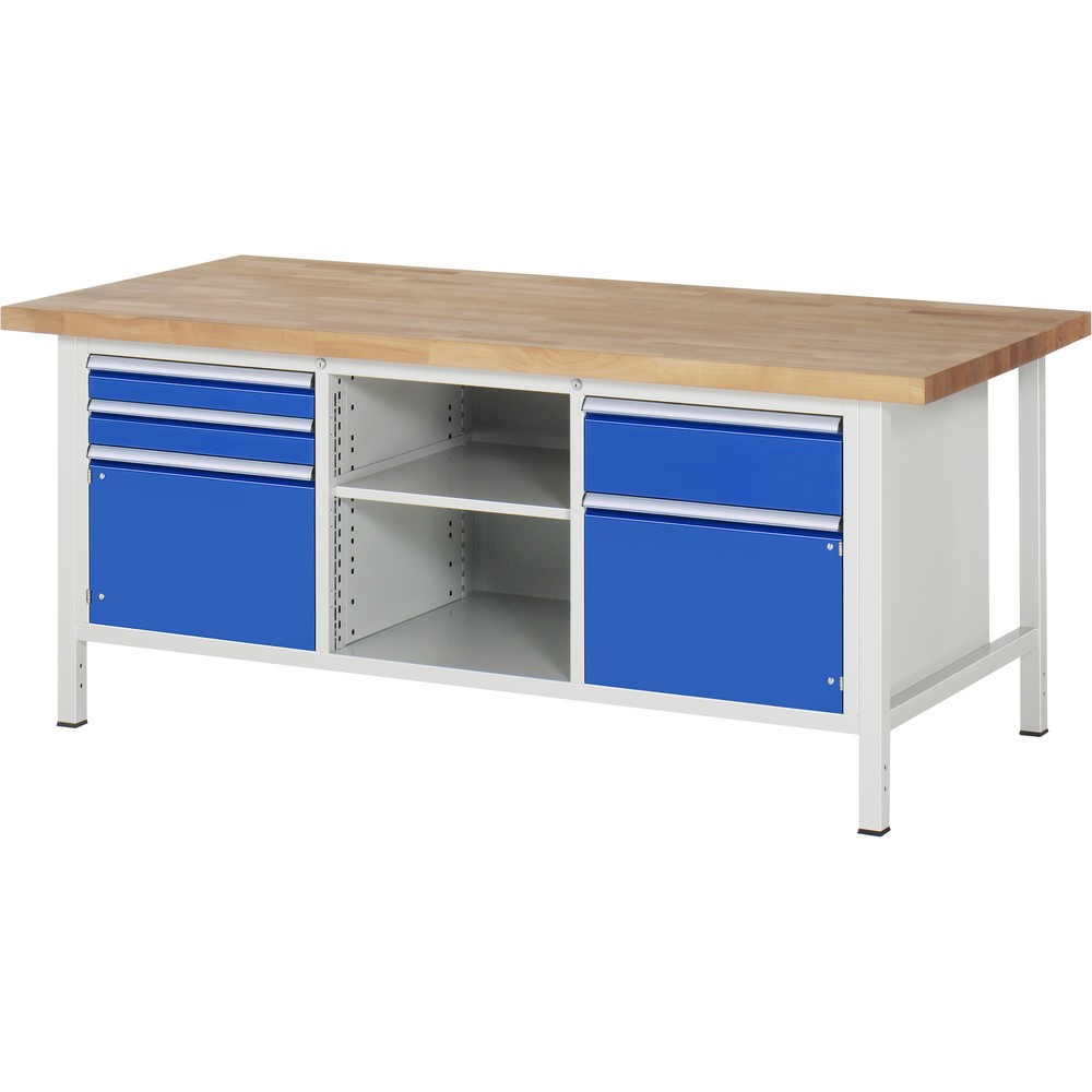 Imagen del producto: Banco de trabajo RAU serie 8000, 1 contenedor triple, con 1 balda, 2 puertas batientes, HxAxF 840-1.040 x 2.000 x 900 mm, 3 cajones extraíbles al 90%