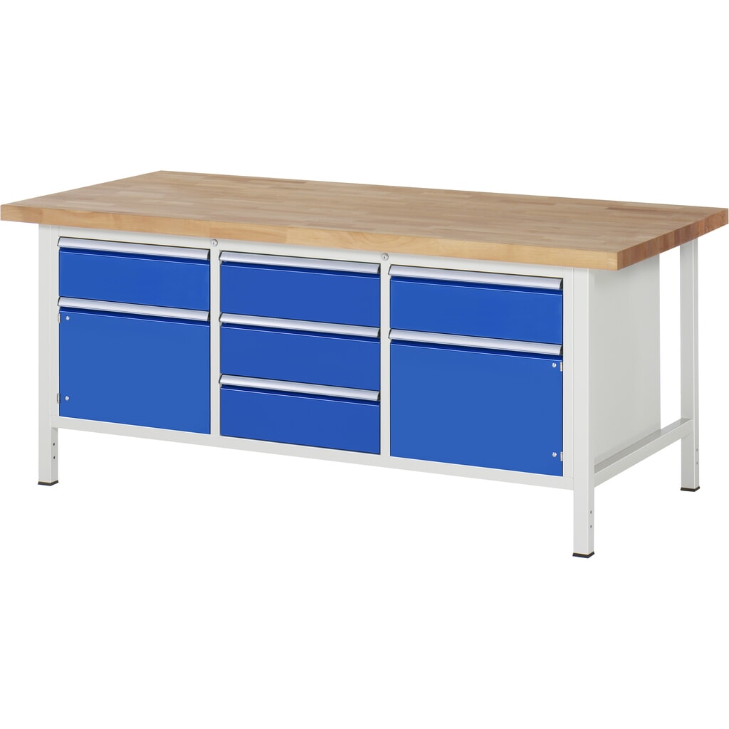 Imagen del producto: Banco de trabajo RAU serie 8000, 1 contenedor triple, con 2 puertas batientes, HxAxF 840-1.040 x 2.000 x 900 mm, 5 cajones extraíbles al 90%, ErgoScript®