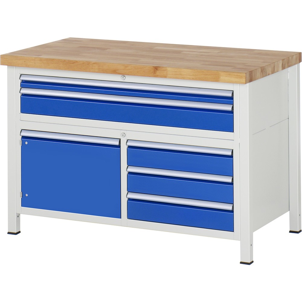 Imagen del producto: Banco de trabajo RAU serie 8000, 1 contenedor triple, 1 puerta batiente doble, HxAxF 840-1.040 x 1.250 x 700 mm, 5 cajones extraíbles al 90 %, 2 XXL arriba