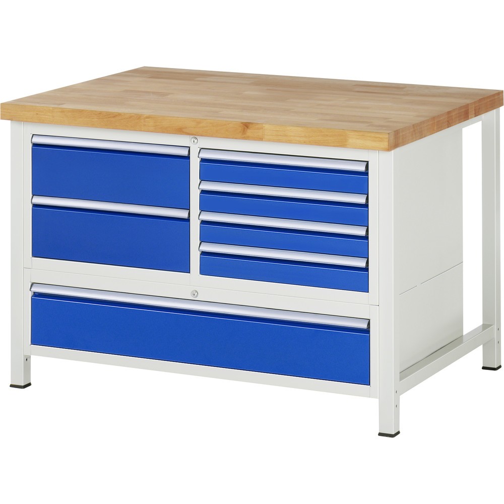 Imagen del producto: Banco de trabajo RAU serie 8000, 1 contenedor triple, HxAxF 840-1.040 x 1.250 x 900 mm, 7 cajones extraíbles al 90 %, 4 x 90, 3 x 180 mm