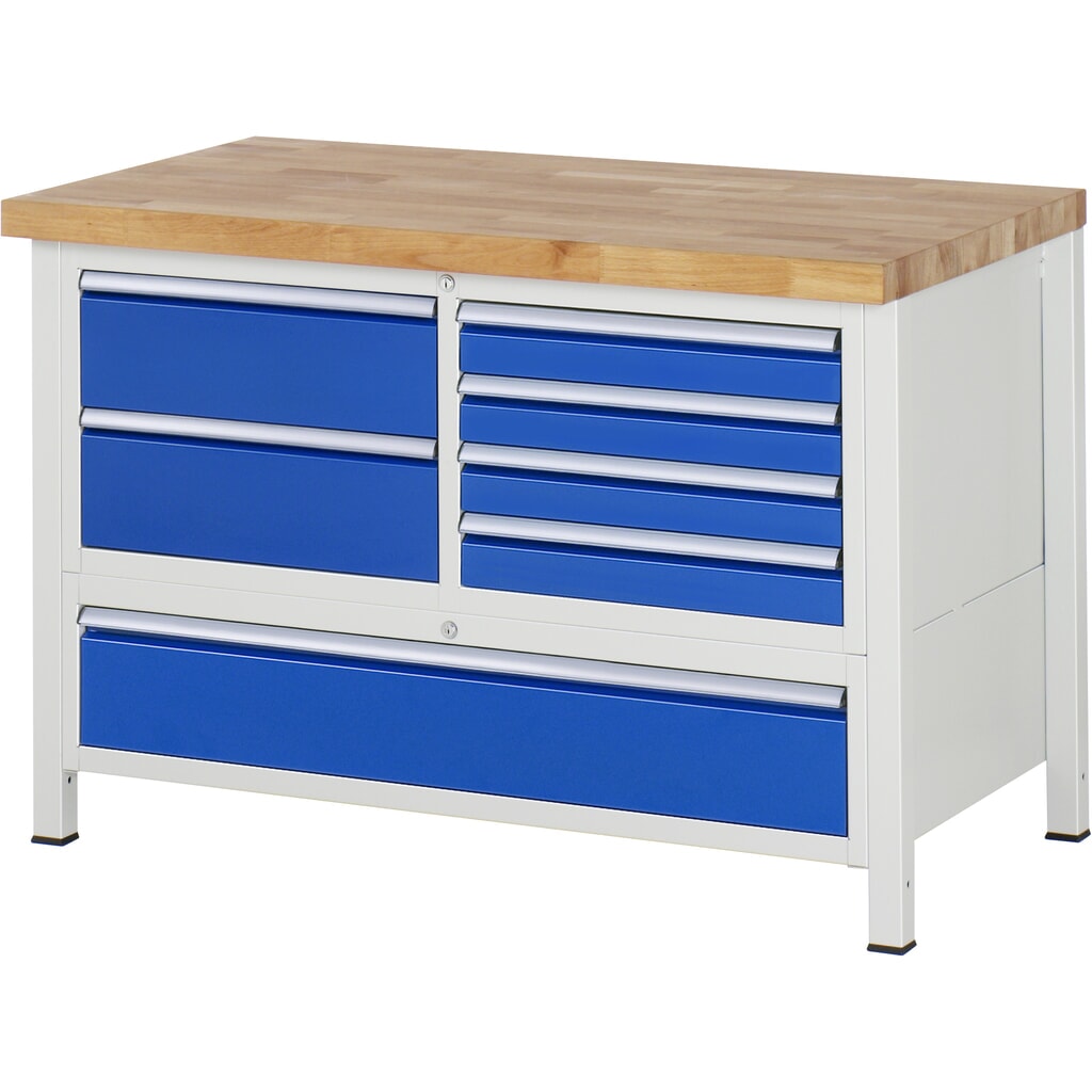 Banco de trabajo RAU serie 8000, 1 contenedor triple, HxAxF 840-1.040 x 1.250 x 700 mm, 7 cajones extraíbles al 90 %, 4 x 90, 3 x 180 mm Imagen del producto: Banco de trabajo RAU serie 8000, 1 contenedor triple, HxAxF 840-1.040 x 1.250 x 700 mm, 7 cajones extraíbles al 90 %, 4 x 90, 3 x 180 mm