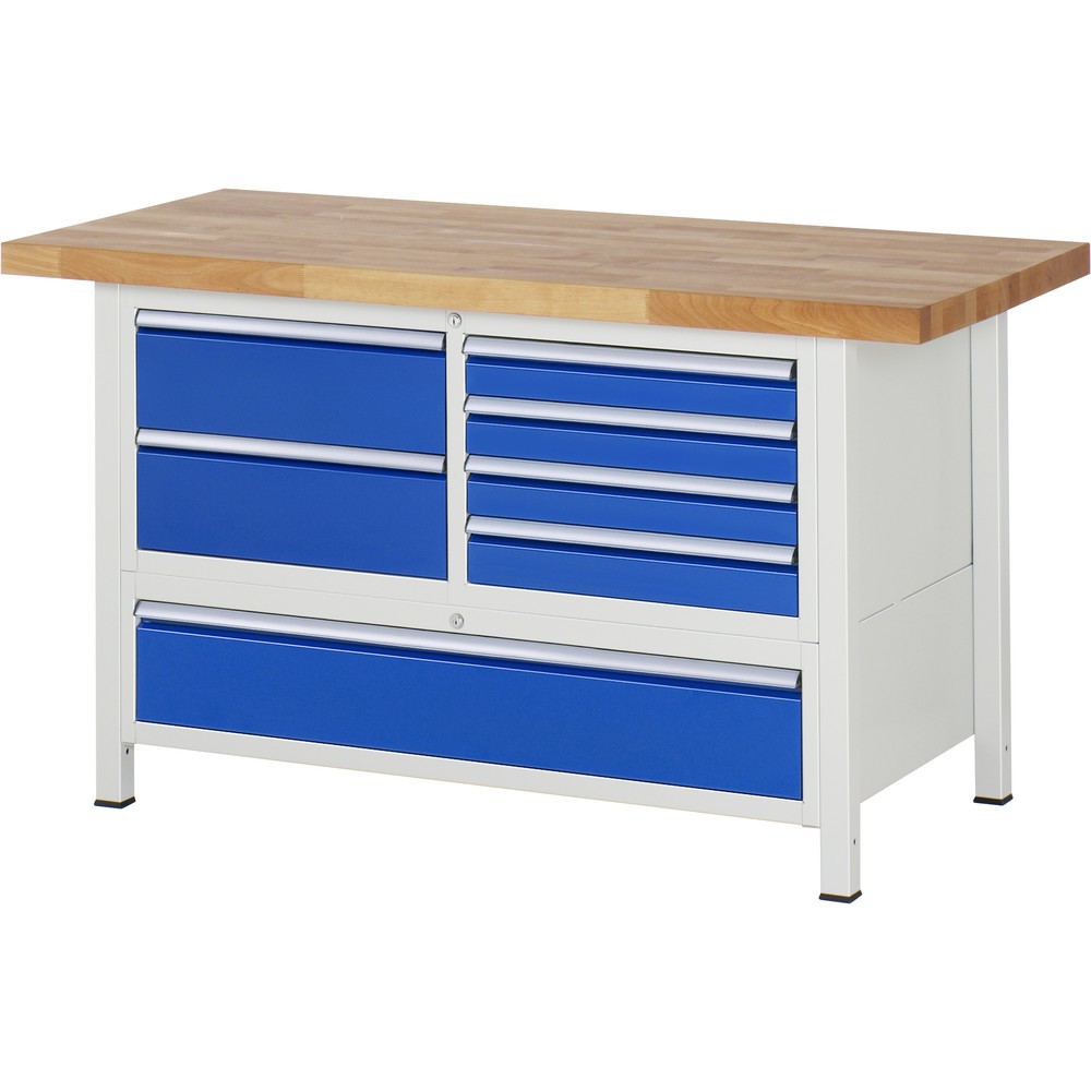 Imagen del producto: Banco de trabajo RAU serie 8000, 1 contenedor triple, HxAxF 840-1.040 x 1.500 x 700 mm, 7 cajones extraíbles al 90 %, 4 x 90, 3 x 180 mm