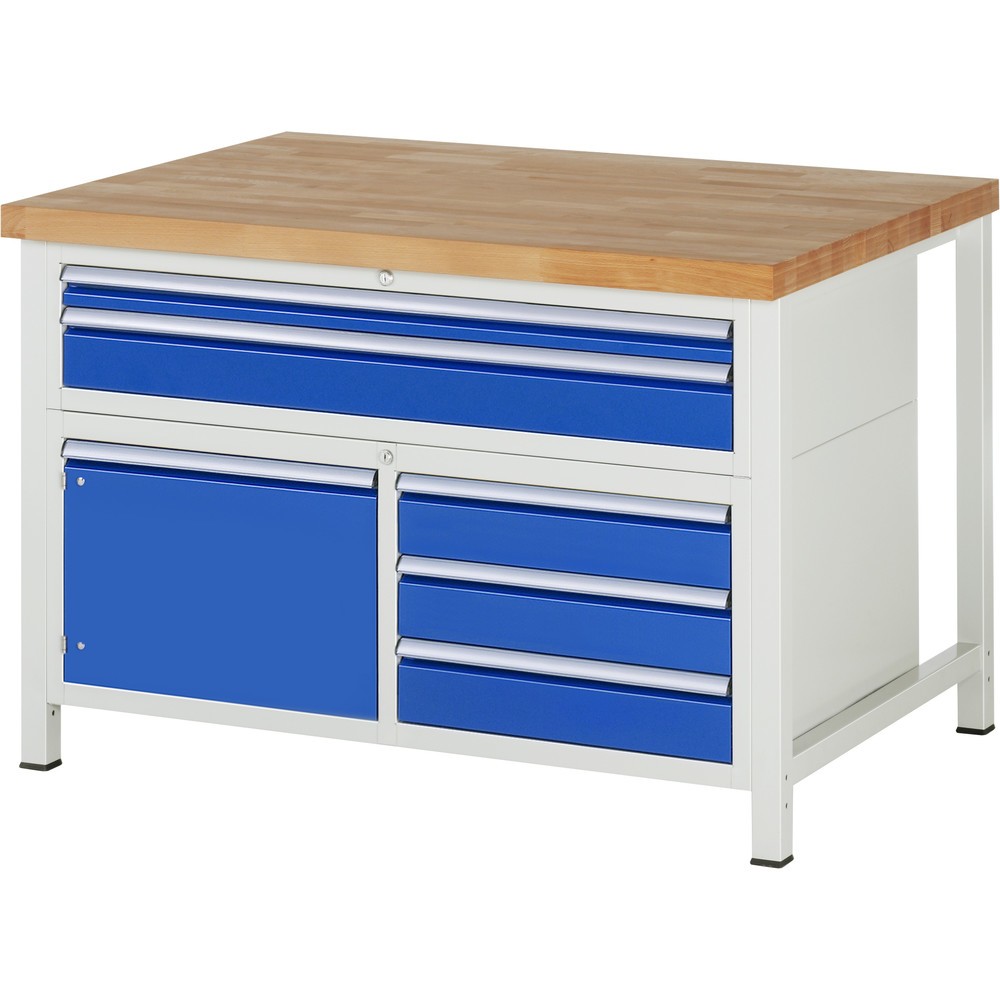 Imagen del producto: Banco de trabajo RAU serie 8000, 1 contenedor triple, 1 puerta batiente doble, HxAxF 840-1.040 x 1.250 x 900 mm, 5 cajones extraíbles al 90 %, 2 XXL arriba