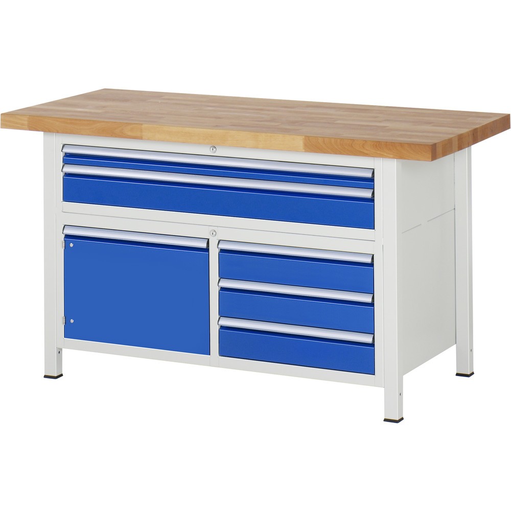 Imagen del producto: Banco de trabajo RAU serie 8000, 1 contenedor triple, 1 puerta batiente doble, HxAxF 840-1.040 x 1.500 x 700 mm, 5 cajones extraíbles al 90 %, 2 XXL arriba